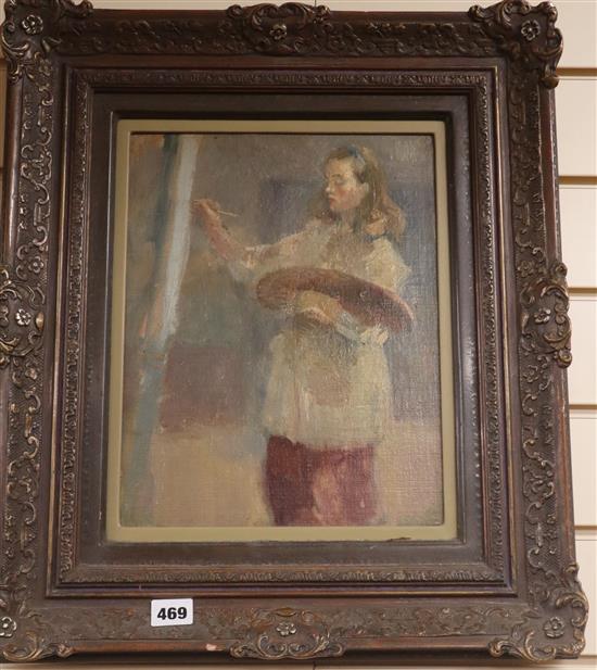 Marian Kratochwil (1906-1997) Self portrait of the artist working at an easel 32 x 25cm.